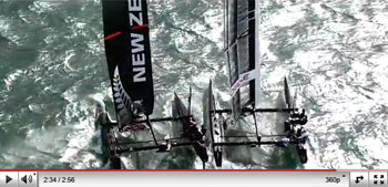 Video still of AC45 multihulls in trials, Auckland, NZ. Image copyright 2011 americascup.com