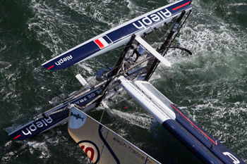Aleph was the first team to capsize their catamaran Sunday. Photo:2011 Gilles Martin-Raget/Oracle Racing