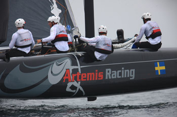 Artemis Racing led throughout Race 1 of the opening day of the America's Cup World Series, Saturday, and placed 4th in the second race. Photo:2011 Gilles Martin-Raget/americascup.com