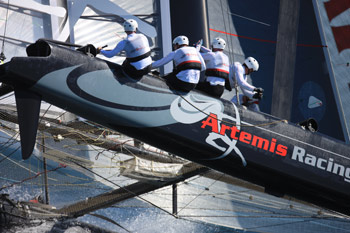 rtemis beat Energy Team in the quarterfinal, only to be undone by gennaker problems against Oracle (Spithill) in their semifinal match. Photo:2011 Gilles Martin-Raget/americascup.com