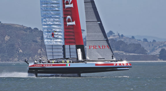 Luna Rossa's AC72 tuning up for the Louis Vuitton Cup on San Francisco Bay. Click image to enlarge and see more photos. Photo:©2013 Chuck Lantz