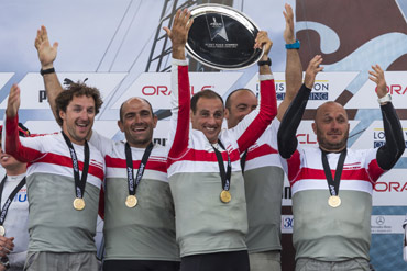 Skipper Francesco Bruni and Luna Rossa Swordfish celebrate their win in Naples. Photo:�2013 Luna Rossa/Carlo Borlenghi