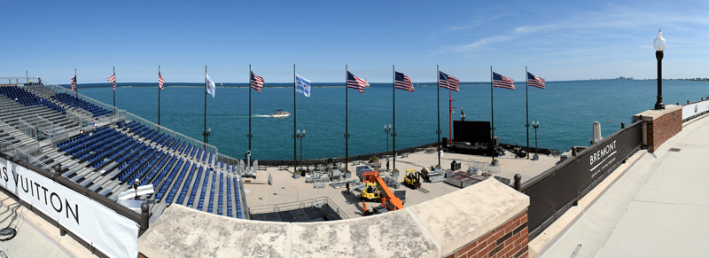 The sizable grandstand on the end of Navy Pier neared completion on Wednesday, as seen in this panoramic image shot from the rooftop level.  Photo:©2016 CupInfo.com