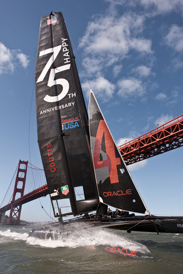 Golden Gate YC's Oracle Team USA celebrates the 75th anniversary of the Golden Gate Bridge. Photo:2012 ACEA/Gilles Martin-Raget