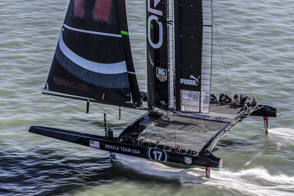 Oracle's AC72 yacht foiling on San Francisco Bay in February. Click image to view gallery. Photo:©2013 Guilain Grenier/Oracle Team USA