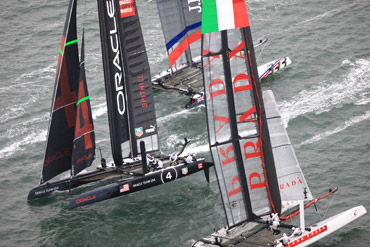 Oracle Spithill left the fleet far behind to win Race 6. Click image to enlarge and read Day 4 quotes.  Photo:©2012 ACEA/Gilles Martin-Raget