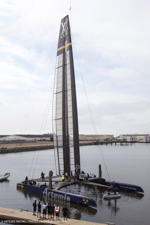 Artemis AC72 afloat for first time. Photo:2013 Sander van der Borch/Artemis Racing 