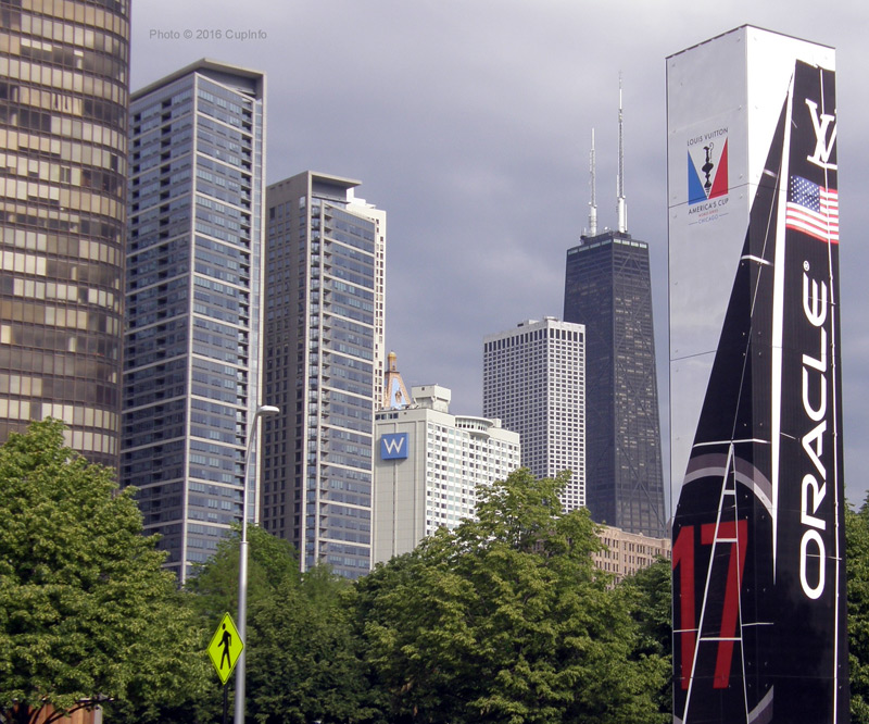 Skyscraper vs. Skyscraper: Oracle Team USA measuring themselves against the 100-story John Hancock Tower. Photo:©2016 CupInfo.com