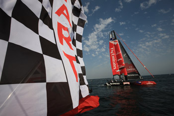 Black and white and red all over. ETNZ is getting used to winning in the AC45. Photo:©2011 Gilles Martin-Raget/americascup.com