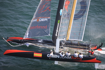 Spain's GreenComm made it into the match racing round Friday, but lost to the surging Team Korea. Photo:©2011 Gilles Martin-Raget/americascup.com