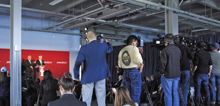 Iain Murray and Tom Ehman at podium, meeting the media at Pier 27. Photo:©2013 Chuck Lantz