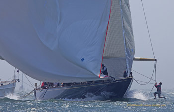 J-Class yacht Velsheda with bowman on spinnaker pole, Newport, RI. Photo copyright Daniel Forster go4image.com