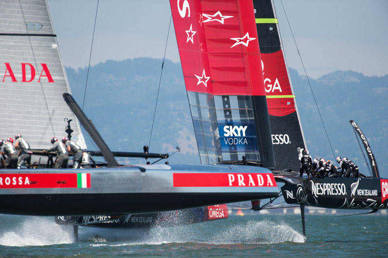 Italy's Luna Rossa AC72 chases Emirates Team New Zealand in the 2013 Louis Vuitton Cup.  Photo:©2013 ACEA/Gilles Martin-Raget