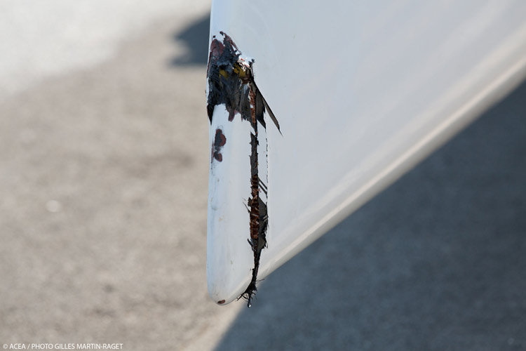 It doesn't look like much, but the damage to the LR Swordfish boat will keep the shore crews busy getting ready for Saturday. Photo:2013 ACEA/Gilles Martin-Raget