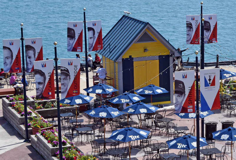 Visitors to Navy Pier will enjoy refreshing beverages under the friendly gaze of the America's Cup skippers. Photo:©2016 CupInfo.com
