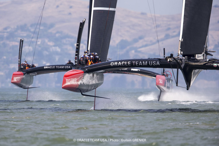 Oracle AC72 #2 in front, #1 behind.  Photo:2013 Oracle Team USA/Guilain Grenier