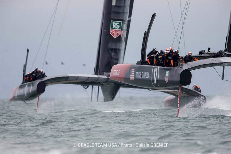 Oracle AC72 #1 in the lead, at left, AC72 #2 at right.  Photo: 2013 Oracle Team USA/Guilain Grenier