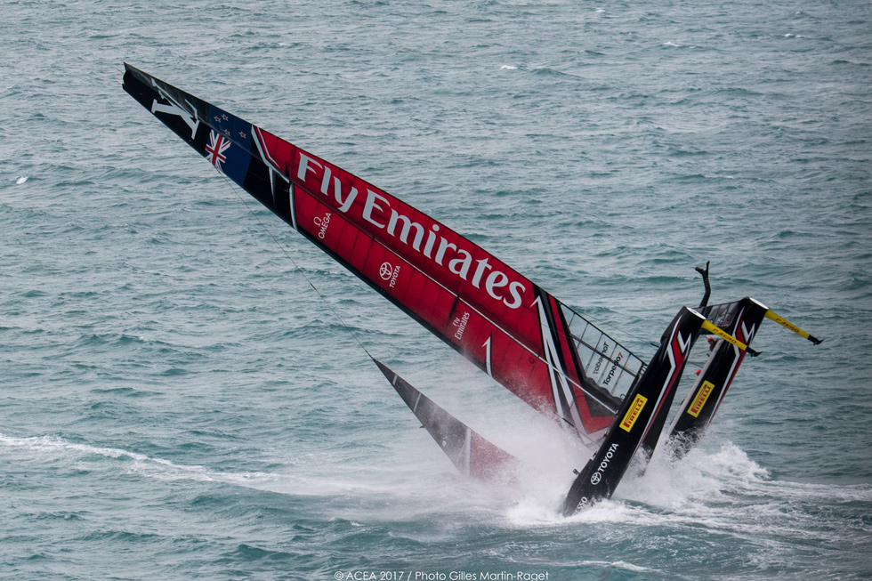 ETNZ Pitchpole capsize in Race 4. Photo: Gilles Martin-Raget/ACEA (c)2017