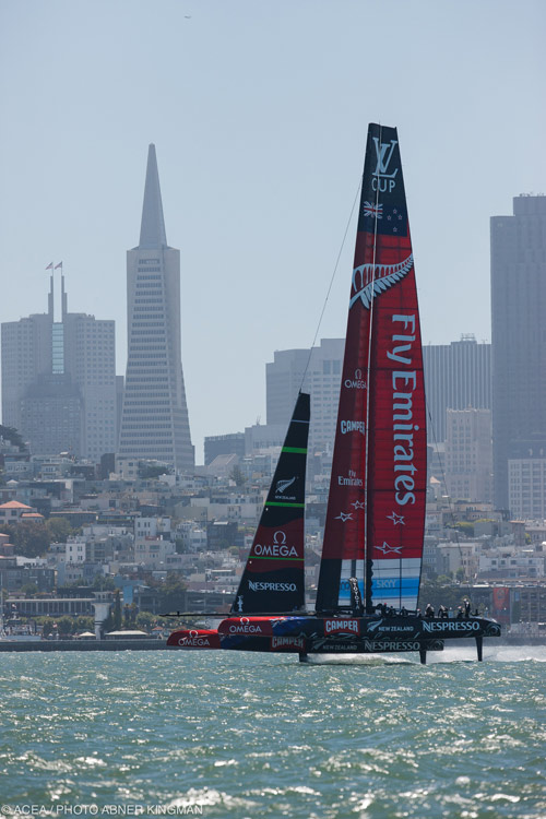 ETNZ and city skyline. Photo:2013 ACEA/Abner Kingman