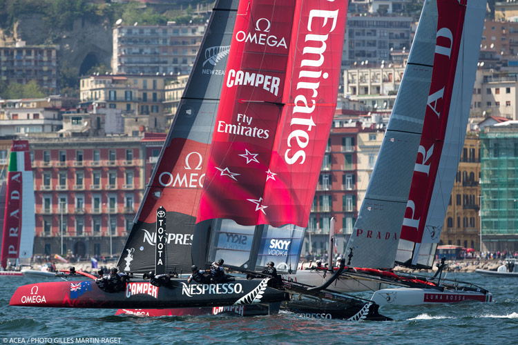 ETNZ looking at the sharp end of Luna Rossa Swordfish. Their collision brought a penalty that cost ETNZ the lead, but ensuing damage lead to a DNF for LRS in the second Fleet Race.  Click image for Day 2 Team Statements. Photo:�2013 ACEA/Gilles Martin-Raget