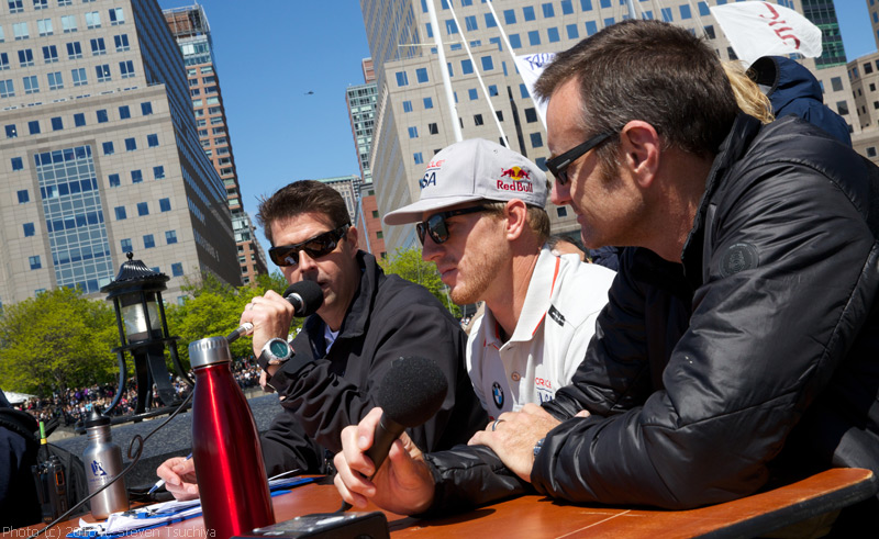 Tucker Thompson, left, hosted the Dockout Show for spectators in the America's Cup Village. At right is Nick Holroyd, Technical Director at Softbank Team Japan (formerly with ETNZ).